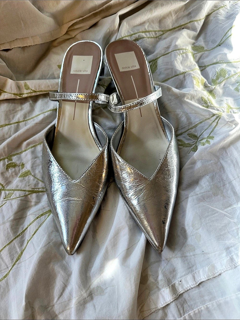 dolce vita Kenton Mule Metallic Pointed-Toe Heels in Silver